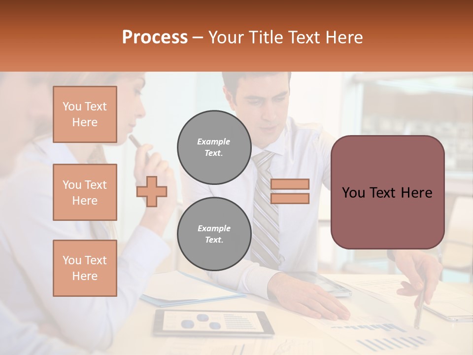 A Couple Of People Sitting At A Table With Papers PowerPoint Template