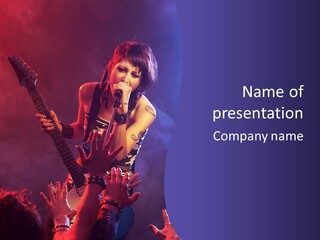 A Woman Singing Into A Microphone While Holding A Guitar PowerPoint Template