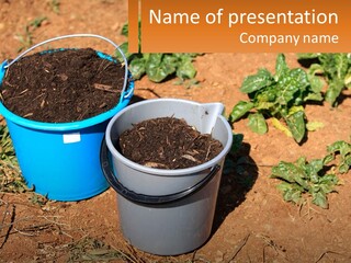 A Couple Of Buckets Filled With Dirt Next To Each Other PowerPoint Template