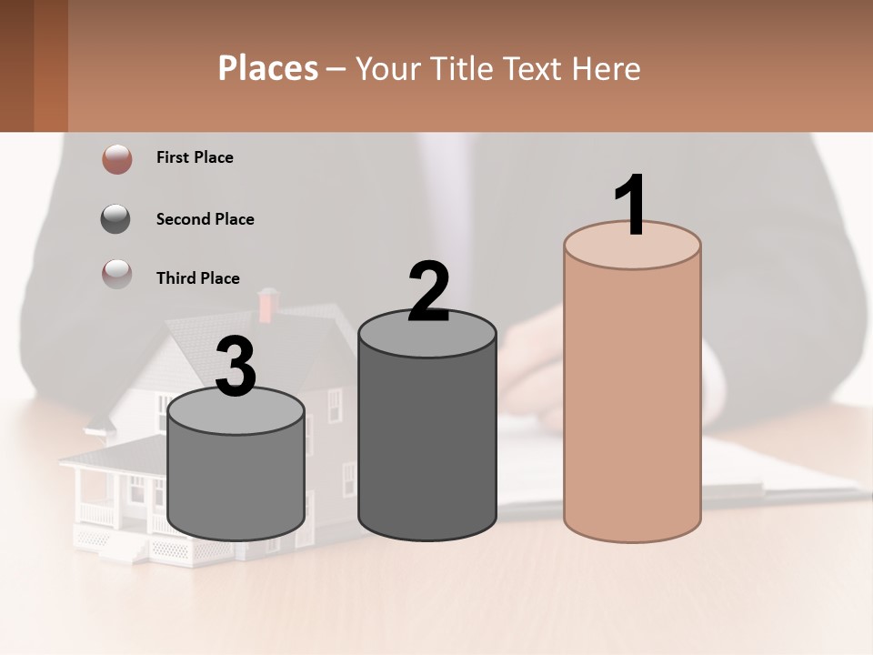 A Man In A Suit Writing On A Piece Of Paper Next To A Model House PowerPoint Template