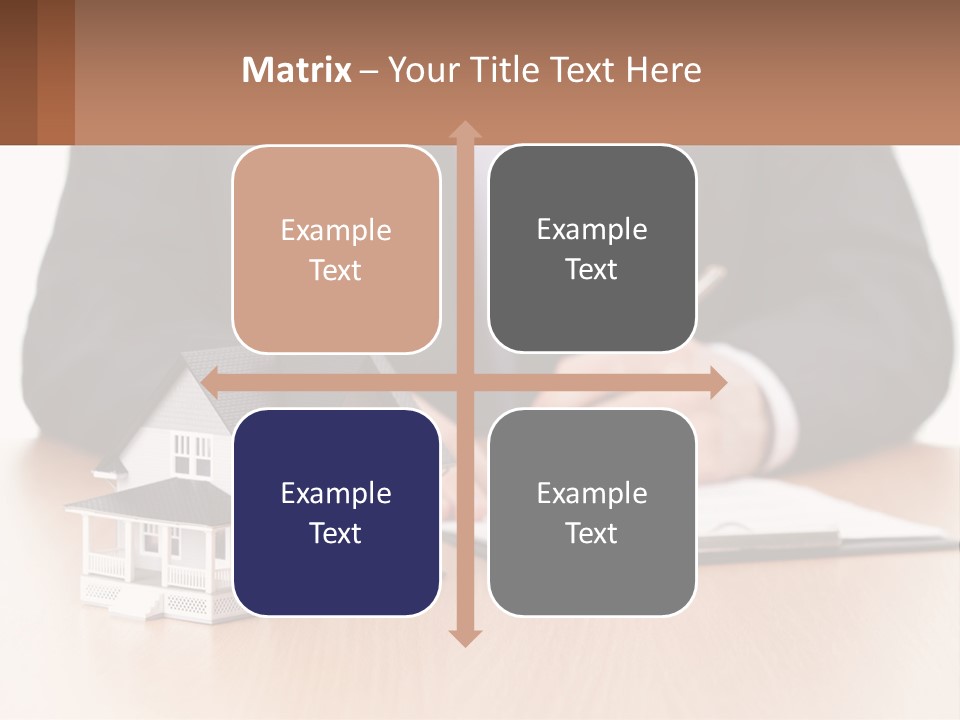 A Man In A Suit Writing On A Piece Of Paper Next To A Model House PowerPoint Template