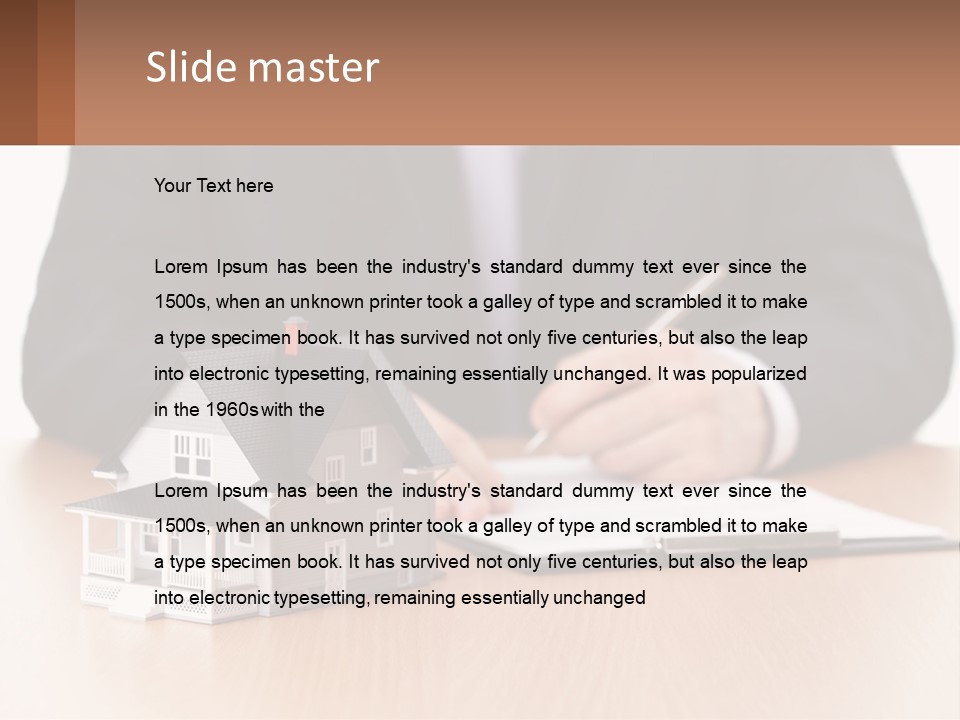 A Man In A Suit Writing On A Piece Of Paper Next To A Model House PowerPoint Template