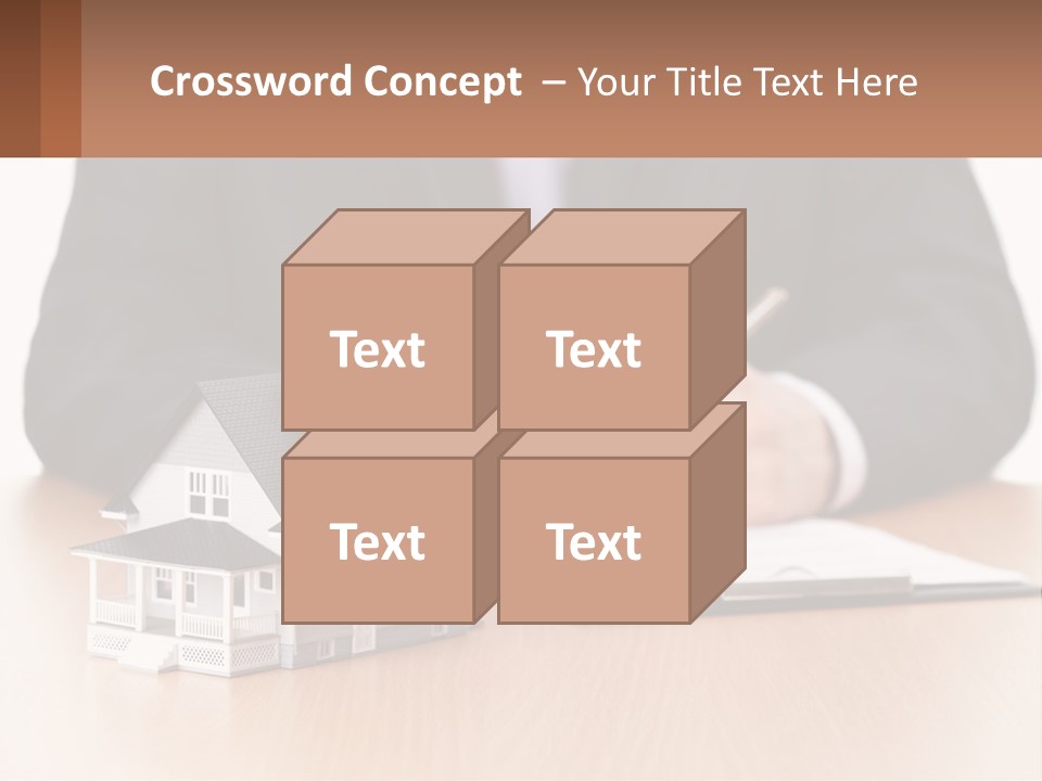 A Man In A Suit Writing On A Piece Of Paper Next To A Model House PowerPoint Template