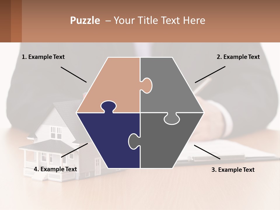 A Man In A Suit Writing On A Piece Of Paper Next To A Model House PowerPoint Template