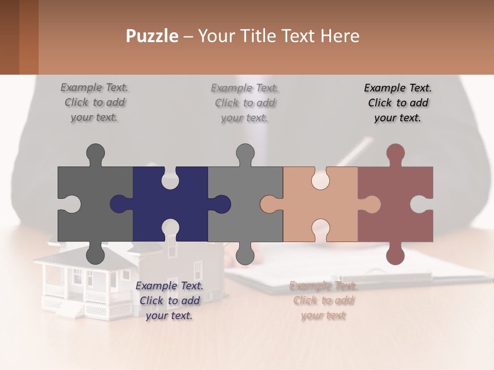 A Man In A Suit Writing On A Piece Of Paper Next To A Model House PowerPoint Template