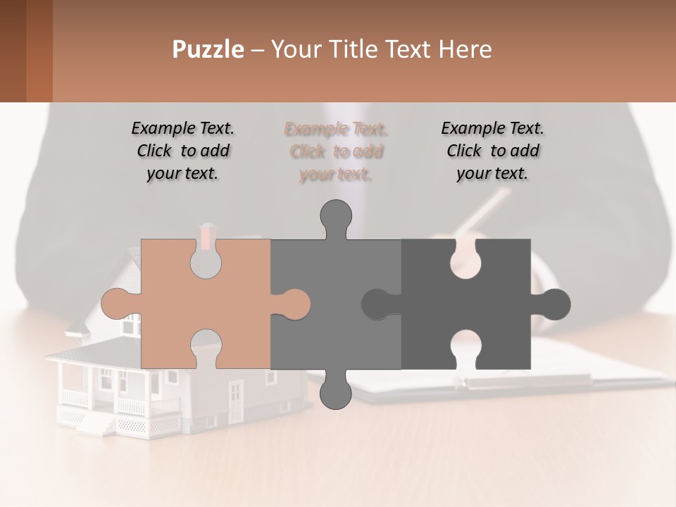 A Man In A Suit Writing On A Piece Of Paper Next To A Model House PowerPoint Template