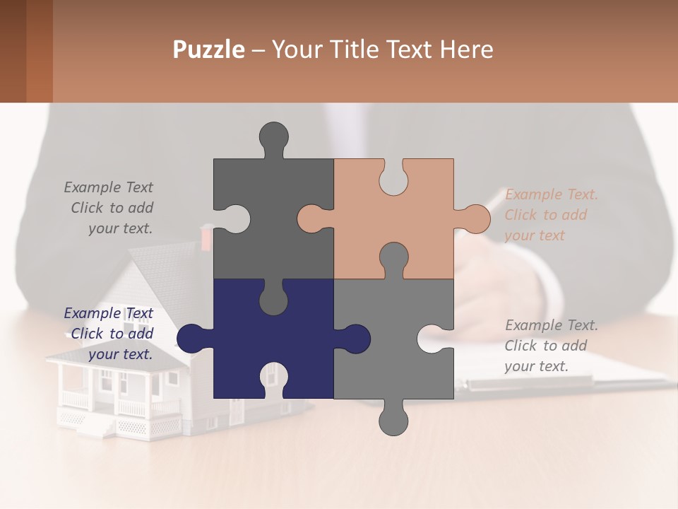 A Man In A Suit Writing On A Piece Of Paper Next To A Model House PowerPoint Template