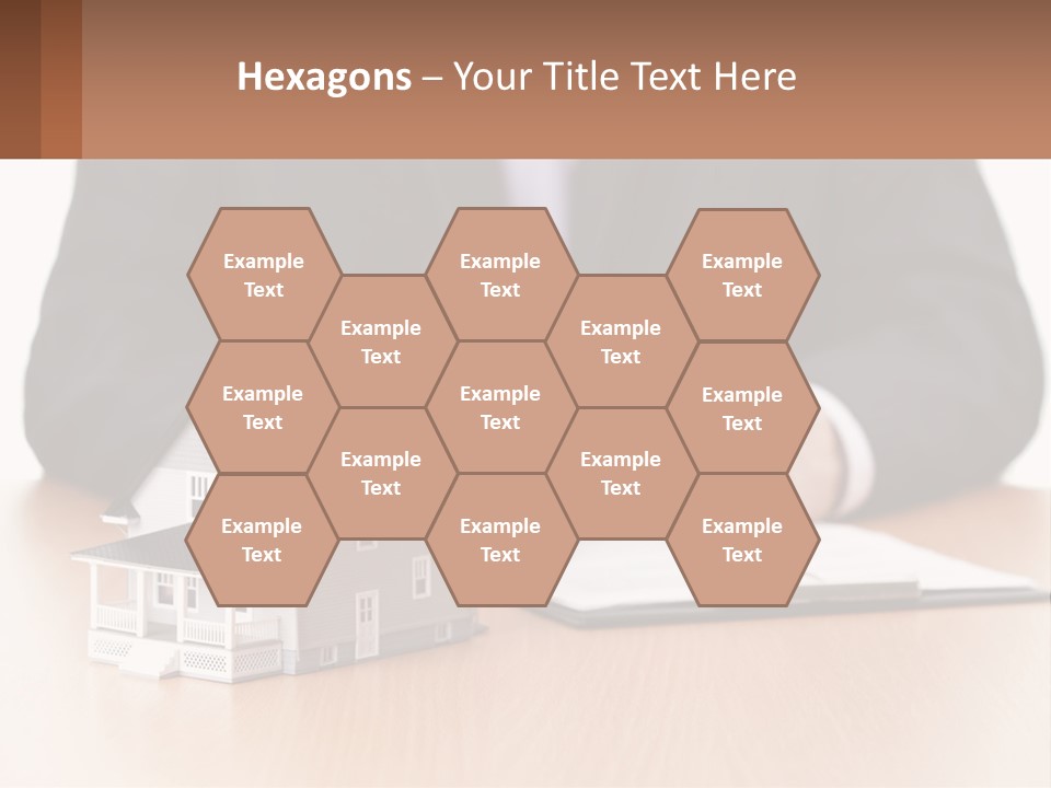 A Man In A Suit Writing On A Piece Of Paper Next To A Model House PowerPoint Template