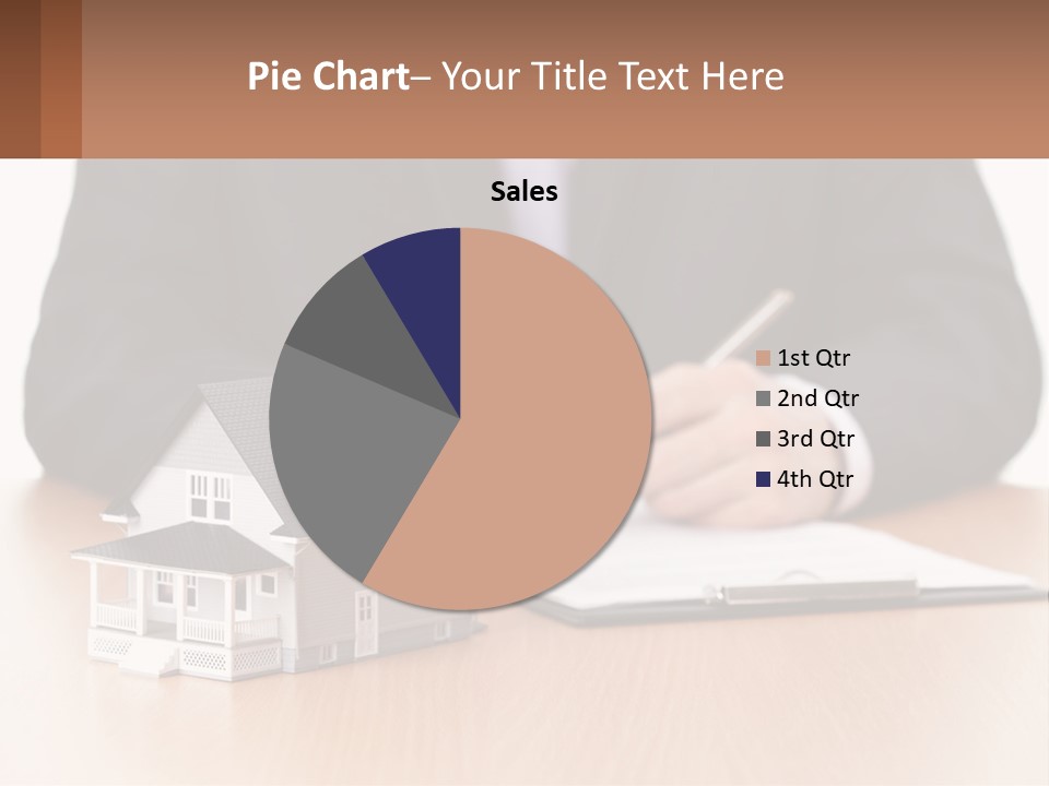 A Man In A Suit Writing On A Piece Of Paper Next To A Model House PowerPoint Template