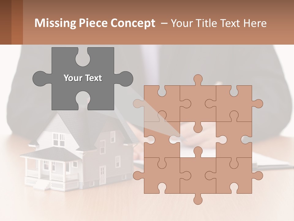 A Man In A Suit Writing On A Piece Of Paper Next To A Model House PowerPoint Template