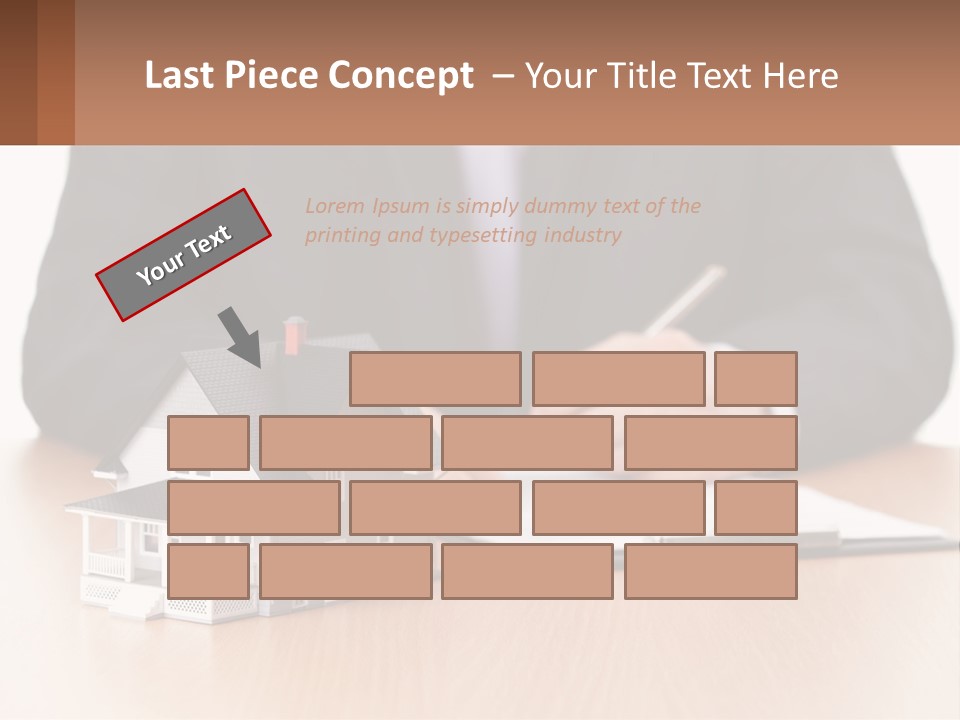 A Man In A Suit Writing On A Piece Of Paper Next To A Model House PowerPoint Template