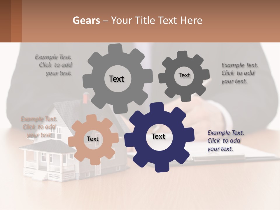 A Man In A Suit Writing On A Piece Of Paper Next To A Model House PowerPoint Template