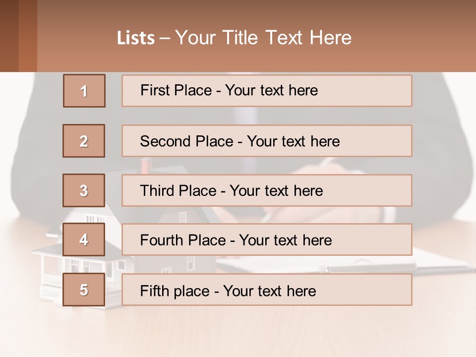 A Man In A Suit Writing On A Piece Of Paper Next To A Model House PowerPoint Template