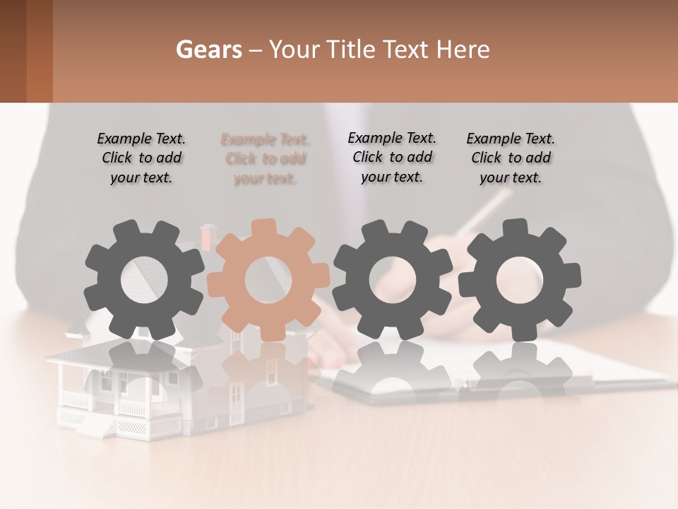 A Man In A Suit Writing On A Piece Of Paper Next To A Model House PowerPoint Template