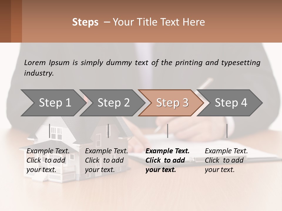 A Man In A Suit Writing On A Piece Of Paper Next To A Model House PowerPoint Template