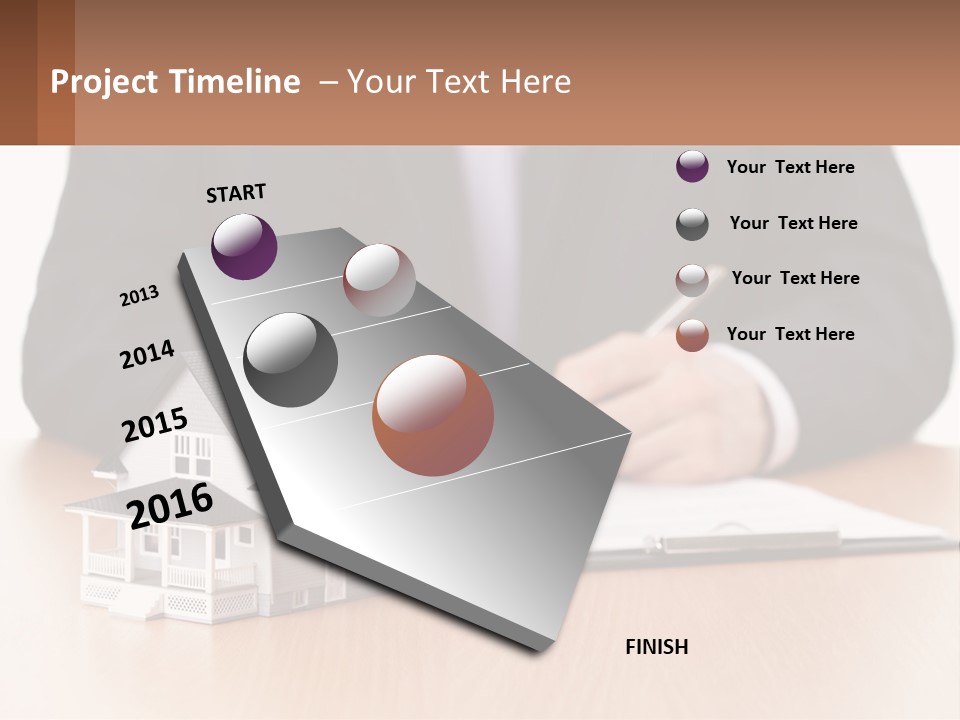 A Man In A Suit Writing On A Piece Of Paper Next To A Model House PowerPoint Template