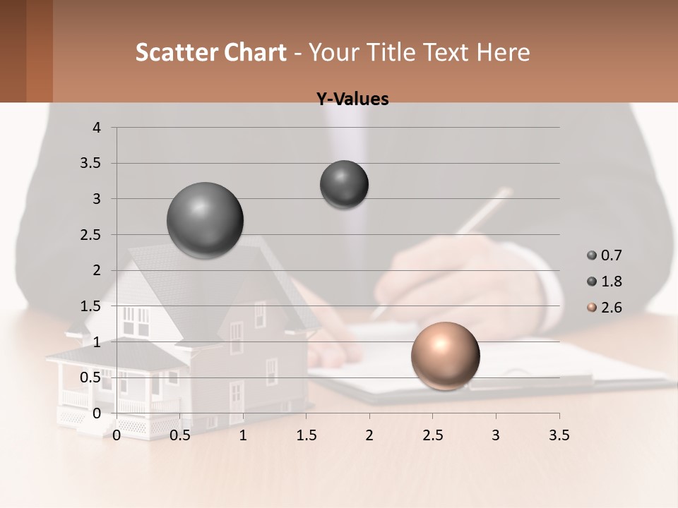 A Man In A Suit Writing On A Piece Of Paper Next To A Model House PowerPoint Template