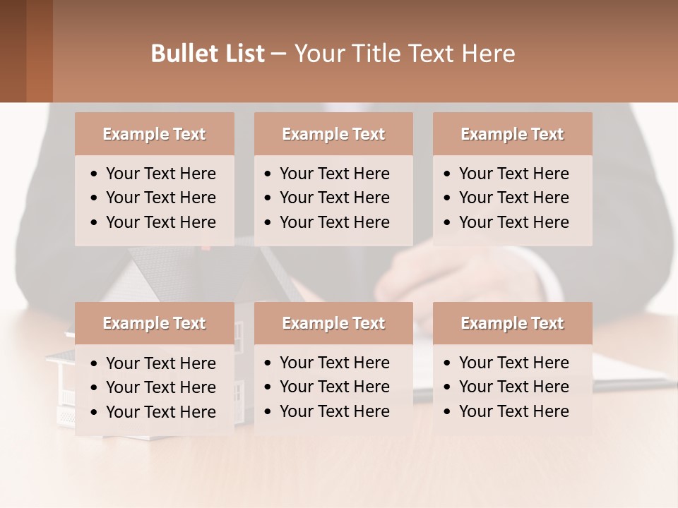 A Man In A Suit Writing On A Piece Of Paper Next To A Model House PowerPoint Template