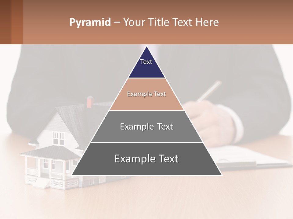 A Man In A Suit Writing On A Piece Of Paper Next To A Model House PowerPoint Template