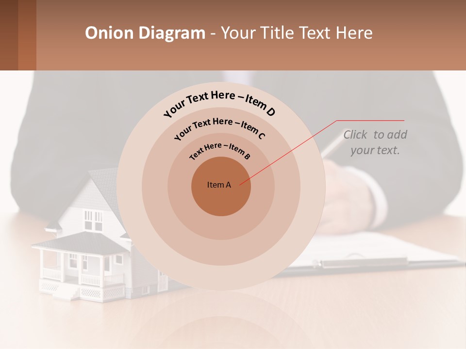 A Man In A Suit Writing On A Piece Of Paper Next To A Model House PowerPoint Template