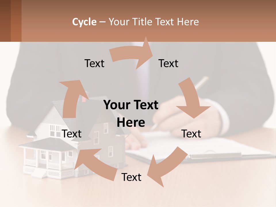 A Man In A Suit Writing On A Piece Of Paper Next To A Model House PowerPoint Template