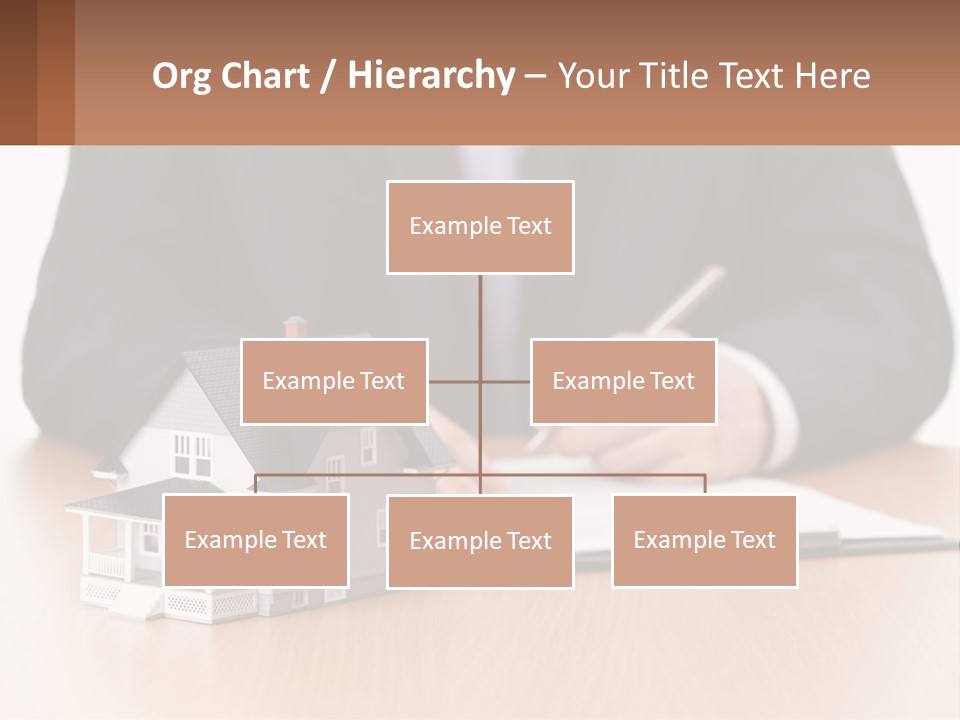 A Man In A Suit Writing On A Piece Of Paper Next To A Model House PowerPoint Template