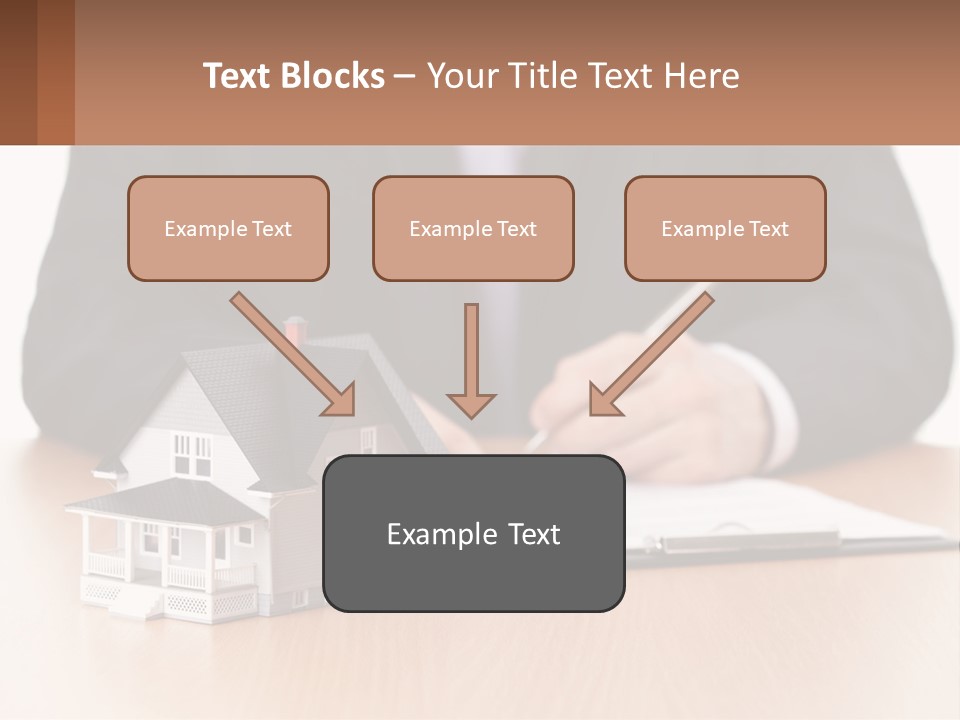 A Man In A Suit Writing On A Piece Of Paper Next To A Model House PowerPoint Template