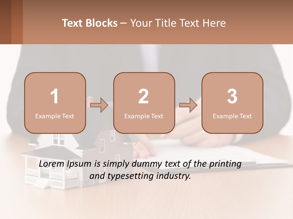 A Man In A Suit Writing On A Piece Of Paper Next To A Model House PowerPoint Template
