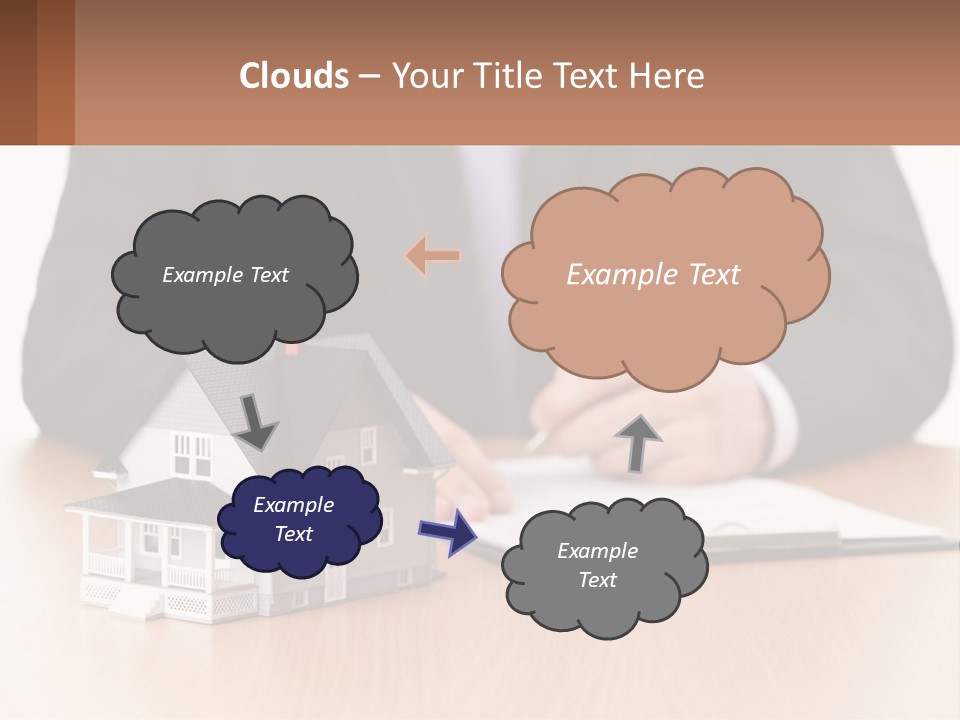 A Man In A Suit Writing On A Piece Of Paper Next To A Model House PowerPoint Template