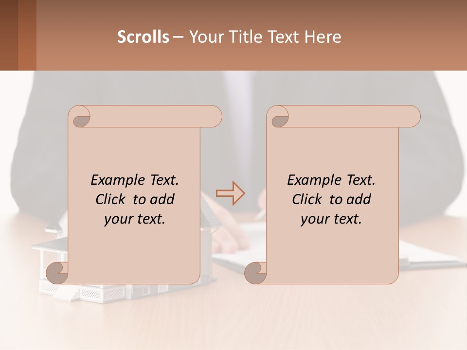 A Man In A Suit Writing On A Piece Of Paper Next To A Model House PowerPoint Template