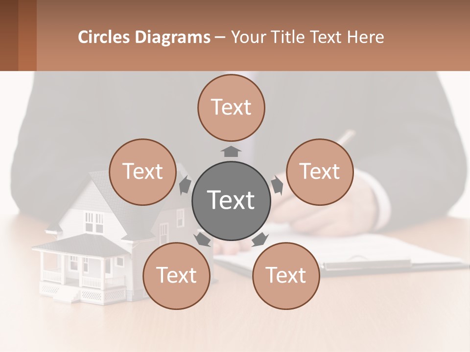 A Man In A Suit Writing On A Piece Of Paper Next To A Model House PowerPoint Template