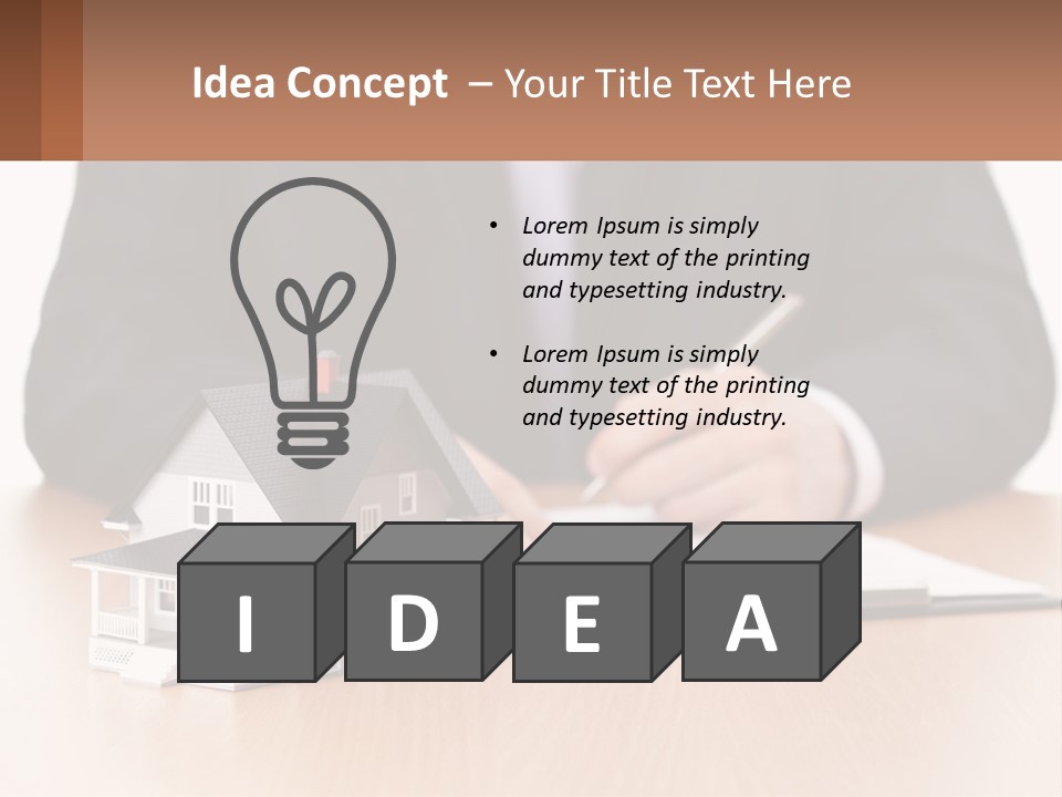 A Man In A Suit Writing On A Piece Of Paper Next To A Model House PowerPoint Template