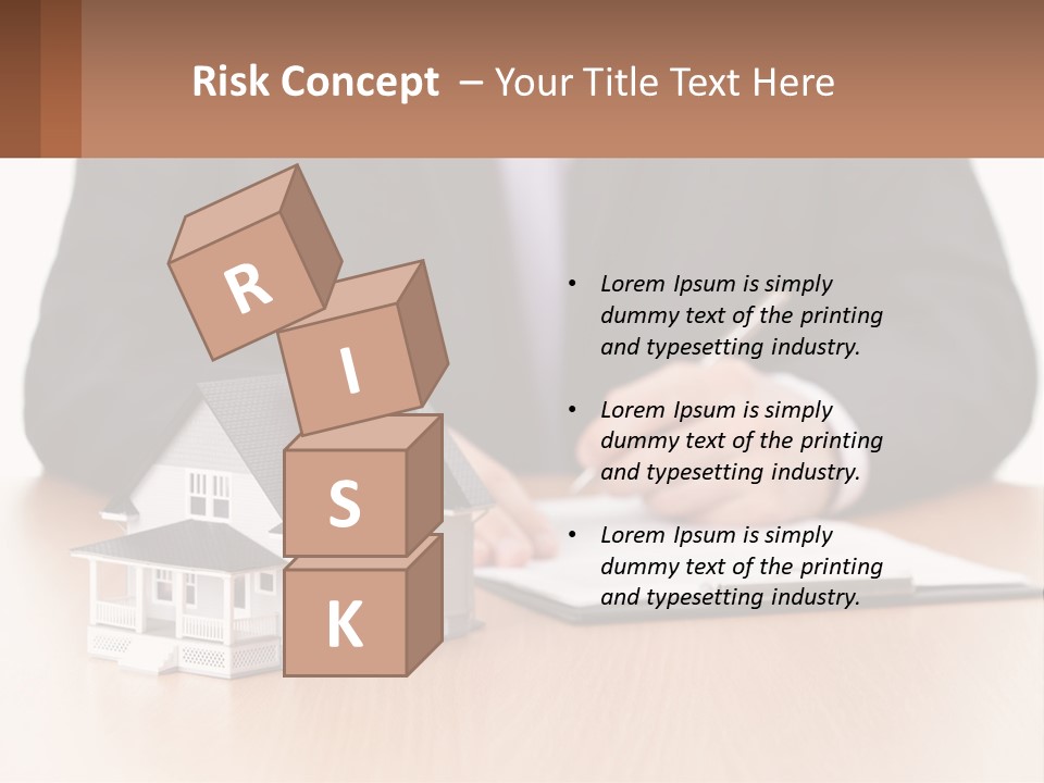 A Man In A Suit Writing On A Piece Of Paper Next To A Model House PowerPoint Template