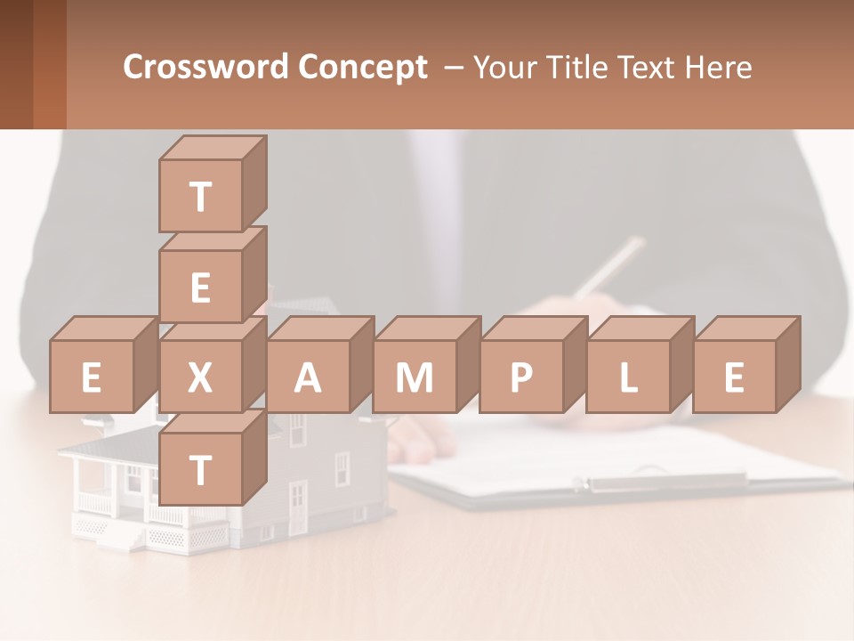 A Man In A Suit Writing On A Piece Of Paper Next To A Model House PowerPoint Template