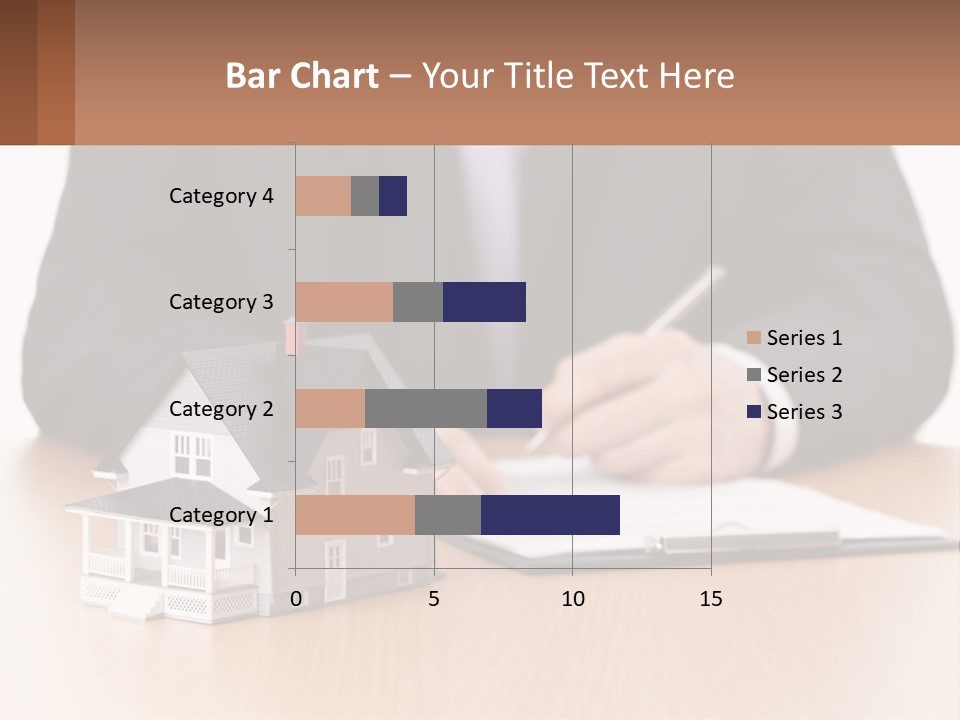 A Man In A Suit Writing On A Piece Of Paper Next To A Model House PowerPoint Template