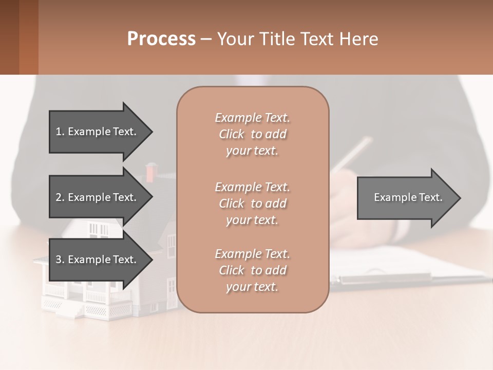A Man In A Suit Writing On A Piece Of Paper Next To A Model House PowerPoint Template