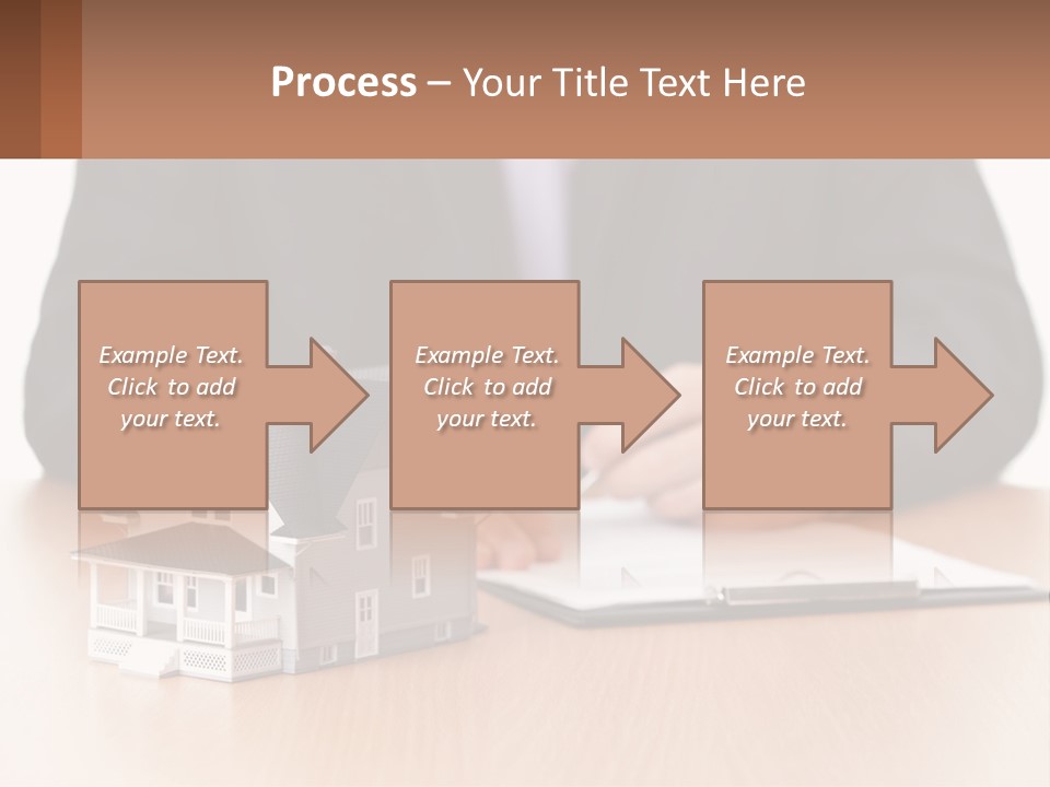 A Man In A Suit Writing On A Piece Of Paper Next To A Model House PowerPoint Template