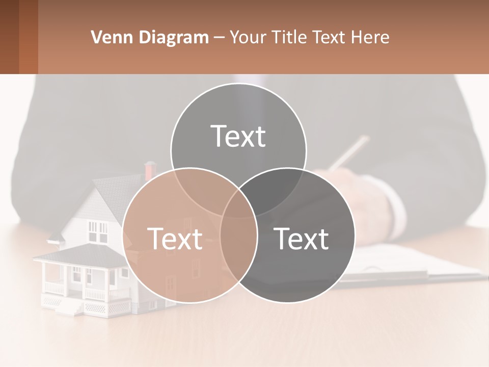 A Man In A Suit Writing On A Piece Of Paper Next To A Model House PowerPoint Template