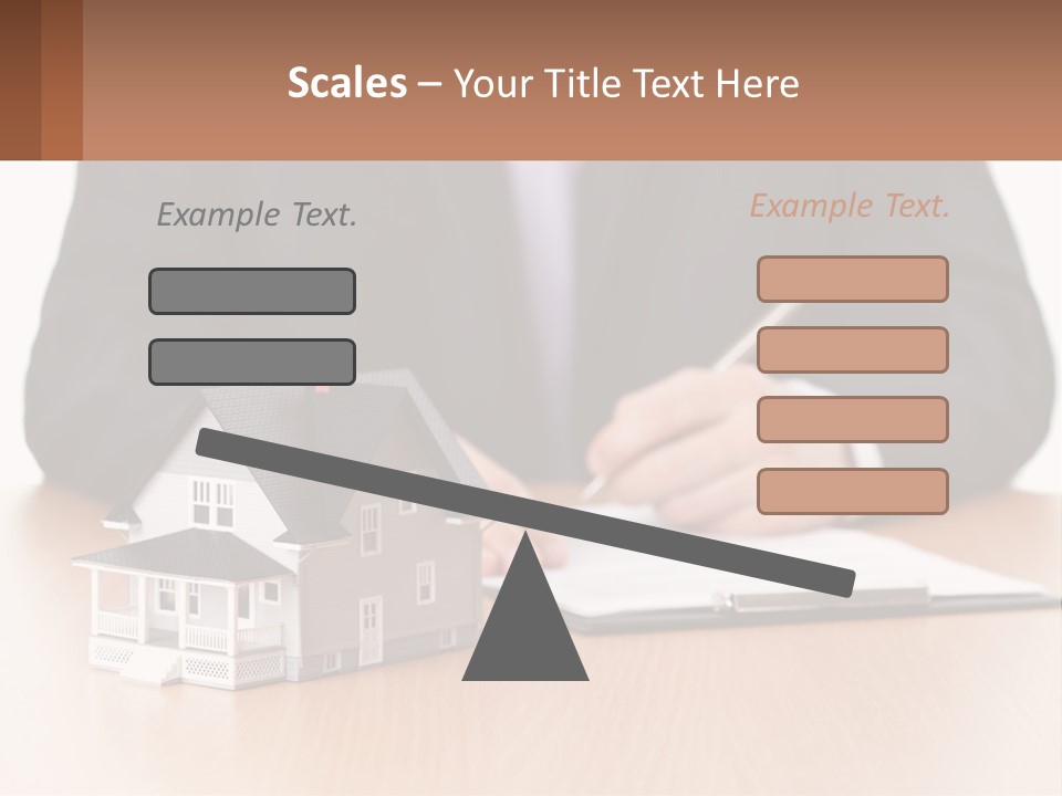 A Man In A Suit Writing On A Piece Of Paper Next To A Model House PowerPoint Template