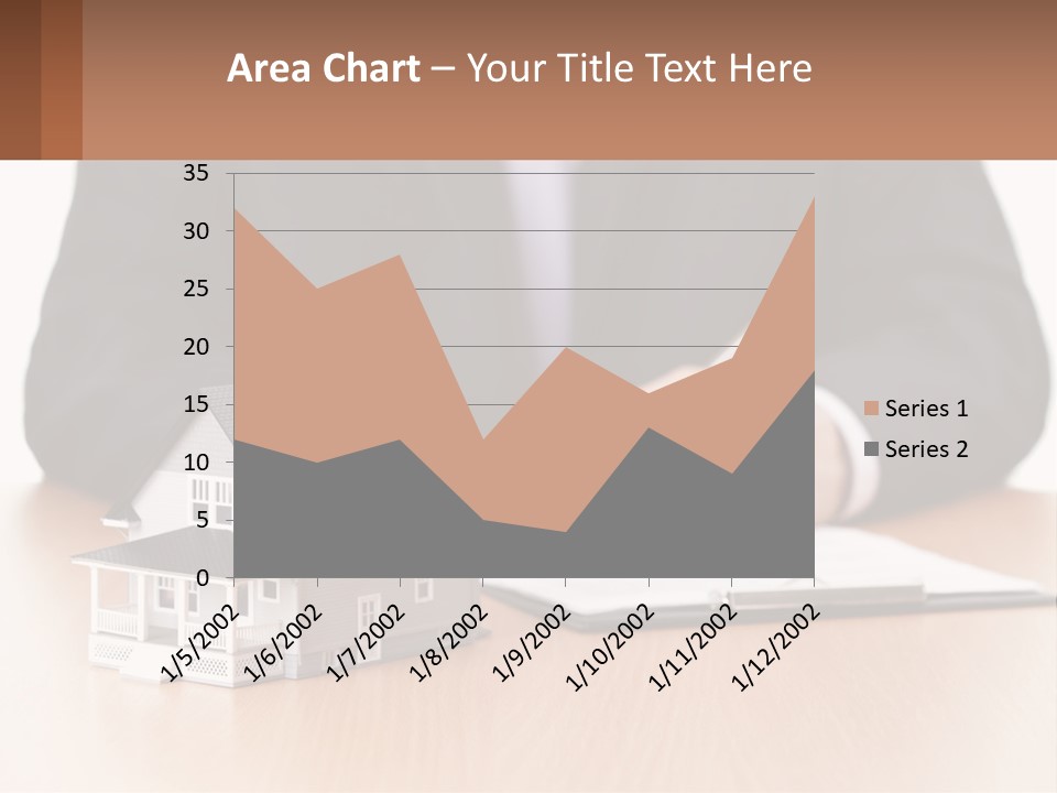 A Man In A Suit Writing On A Piece Of Paper Next To A Model House PowerPoint Template
