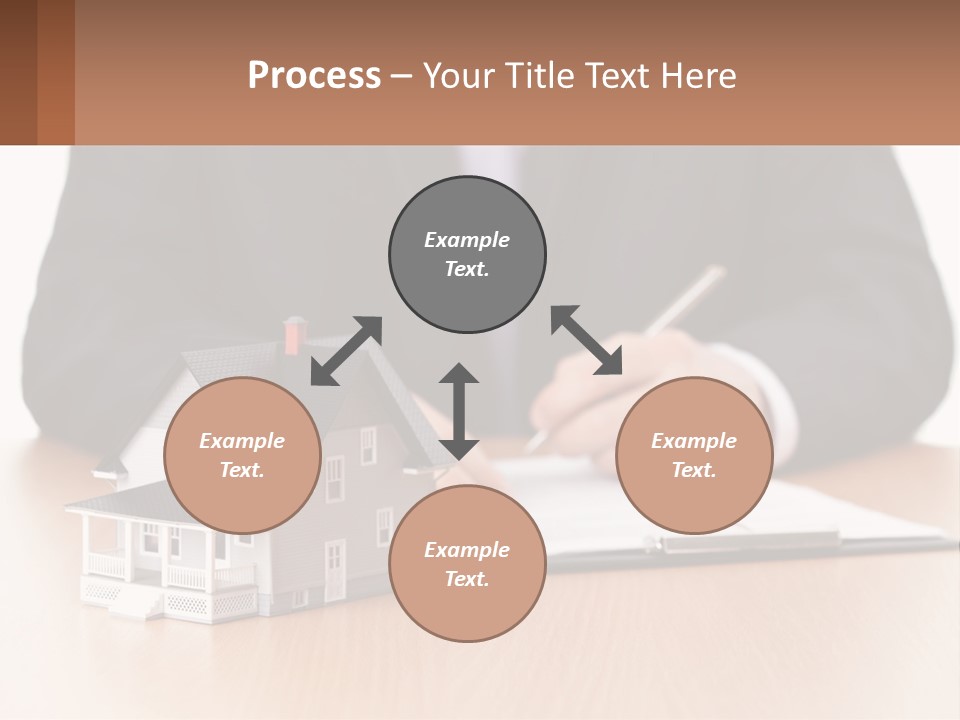 A Man In A Suit Writing On A Piece Of Paper Next To A Model House PowerPoint Template
