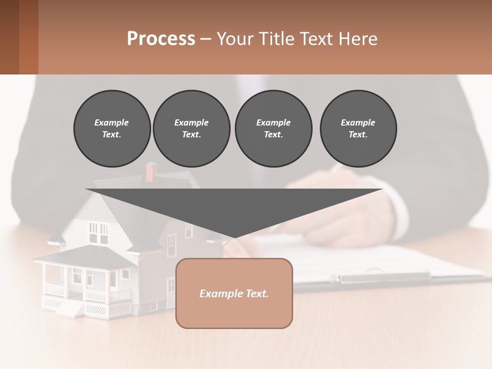 A Man In A Suit Writing On A Piece Of Paper Next To A Model House PowerPoint Template