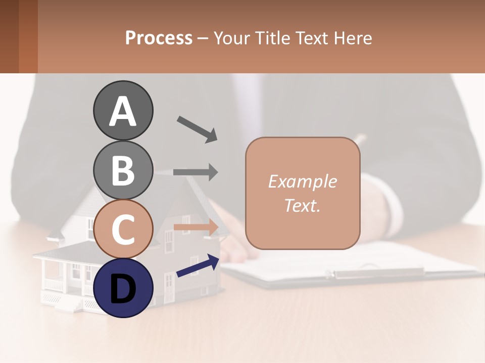 A Man In A Suit Writing On A Piece Of Paper Next To A Model House PowerPoint Template