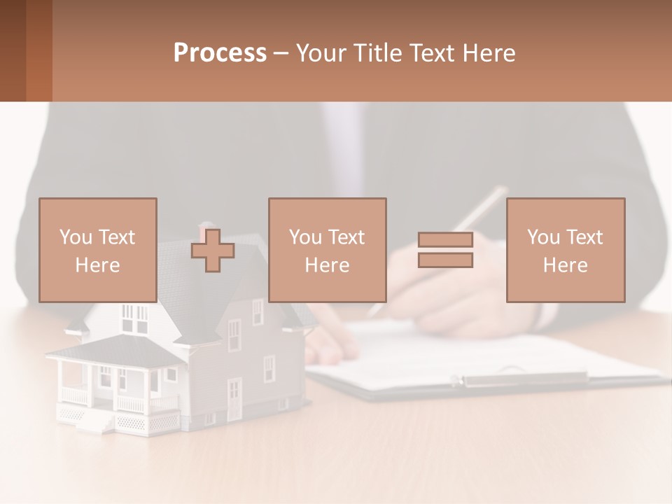 A Man In A Suit Writing On A Piece Of Paper Next To A Model House PowerPoint Template
