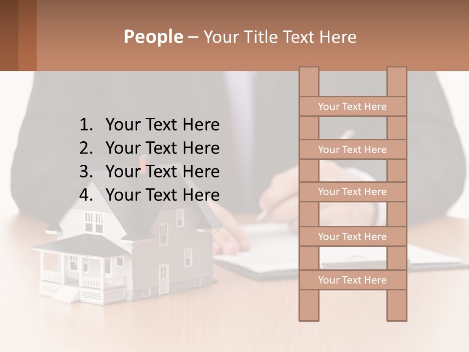 A Man In A Suit Writing On A Piece Of Paper Next To A Model House PowerPoint Template