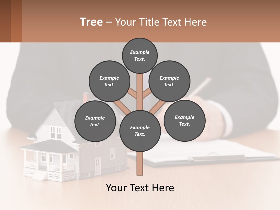 A Man In A Suit Writing On A Piece Of Paper Next To A Model House PowerPoint Template