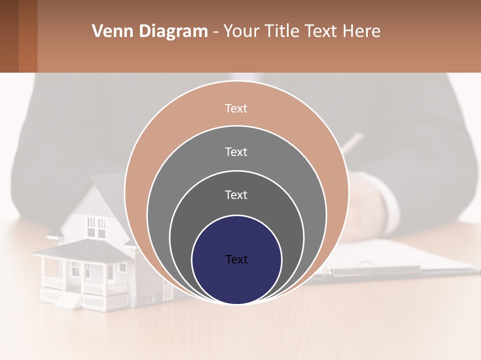 A Man In A Suit Writing On A Piece Of Paper Next To A Model House PowerPoint Template