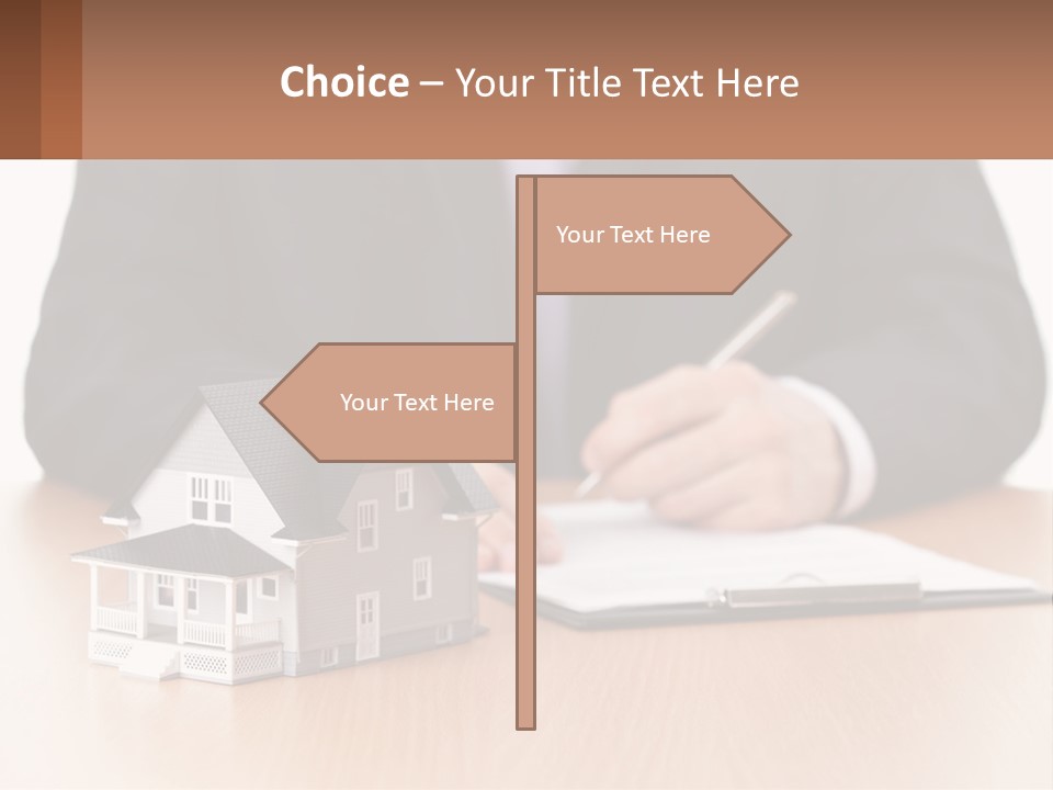 A Man In A Suit Writing On A Piece Of Paper Next To A Model House PowerPoint Template