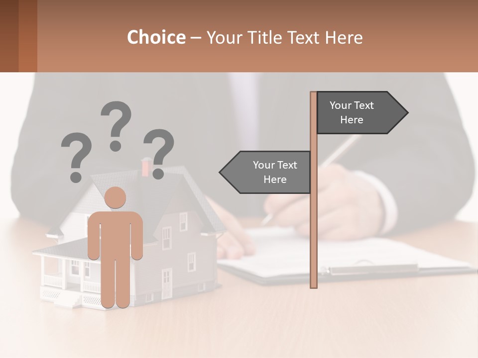 A Man In A Suit Writing On A Piece Of Paper Next To A Model House PowerPoint Template