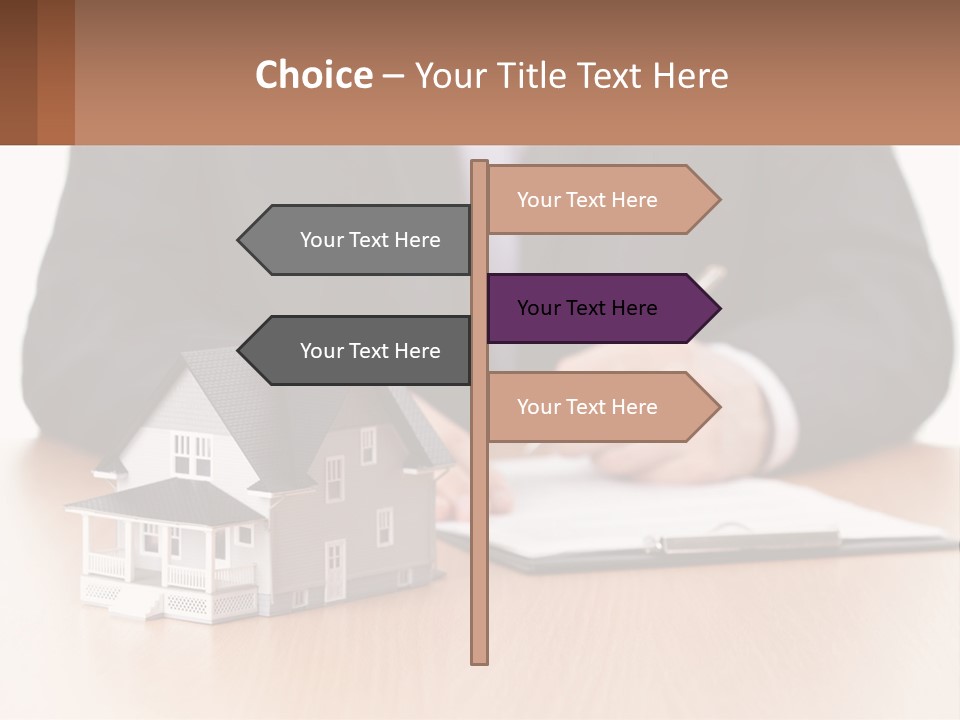 A Man In A Suit Writing On A Piece Of Paper Next To A Model House PowerPoint Template